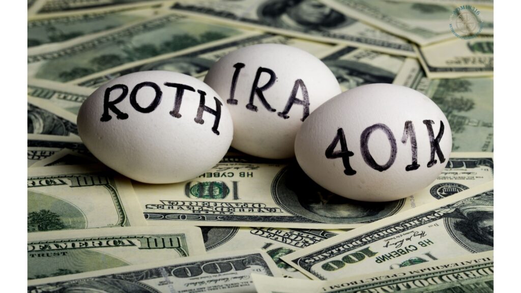 roth ira 401k written on eggs on top of dollar bills