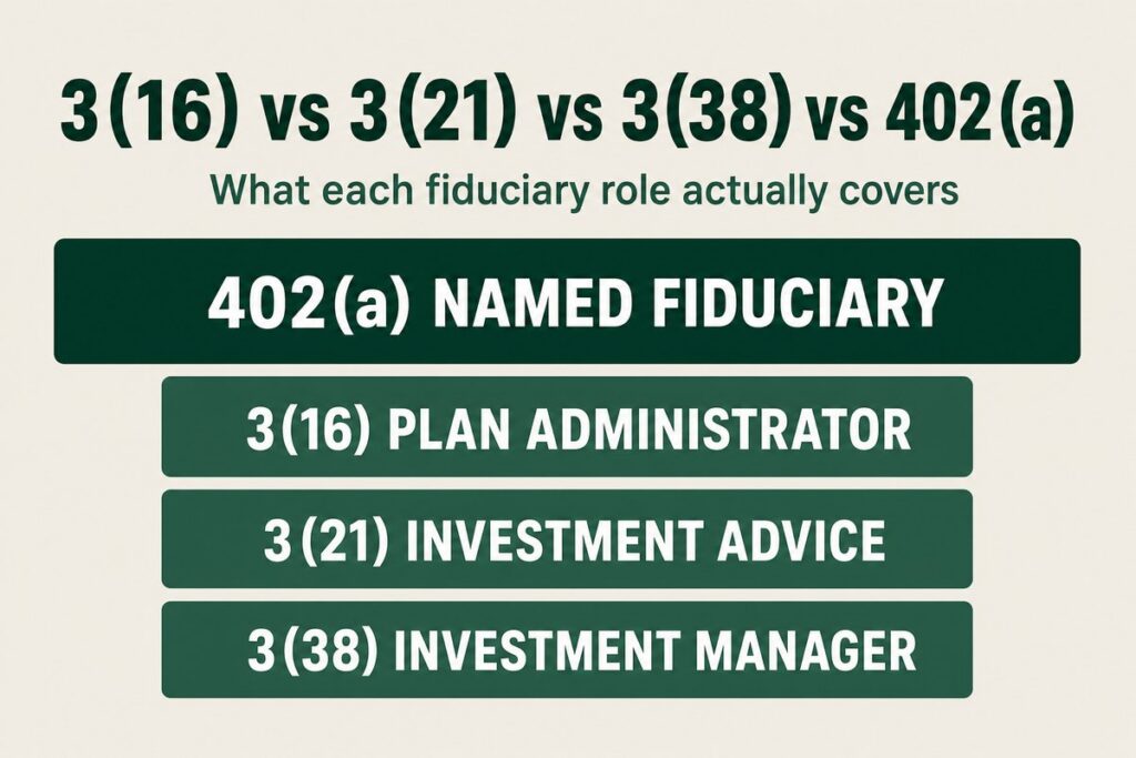 Chart comparing ERISA 402(a) named fiduciary, 3(16) plan administrator, 3(21) investment advice fiduciary and 3(38) investment manager roles