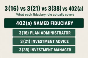 Chart comparing ERISA 402(a) named fiduciary, 3(16) plan administrator, 3(21) investment advice fiduciary and 3(38) investment manager roles