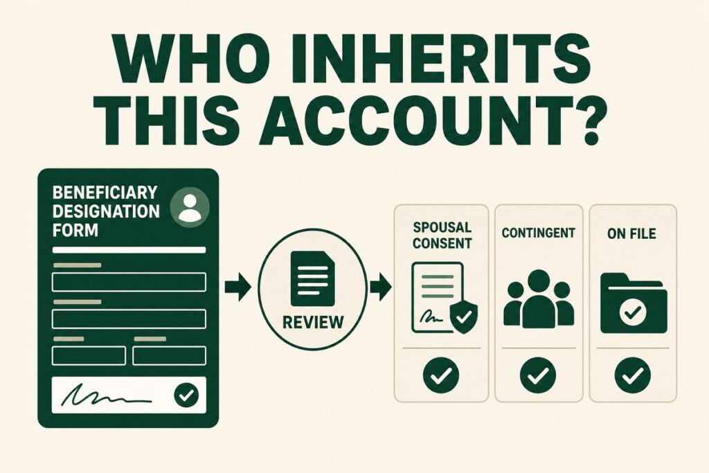 401(k) beneficiary designation form reviewed for spousal consent, contingent beneficiaries and records on file