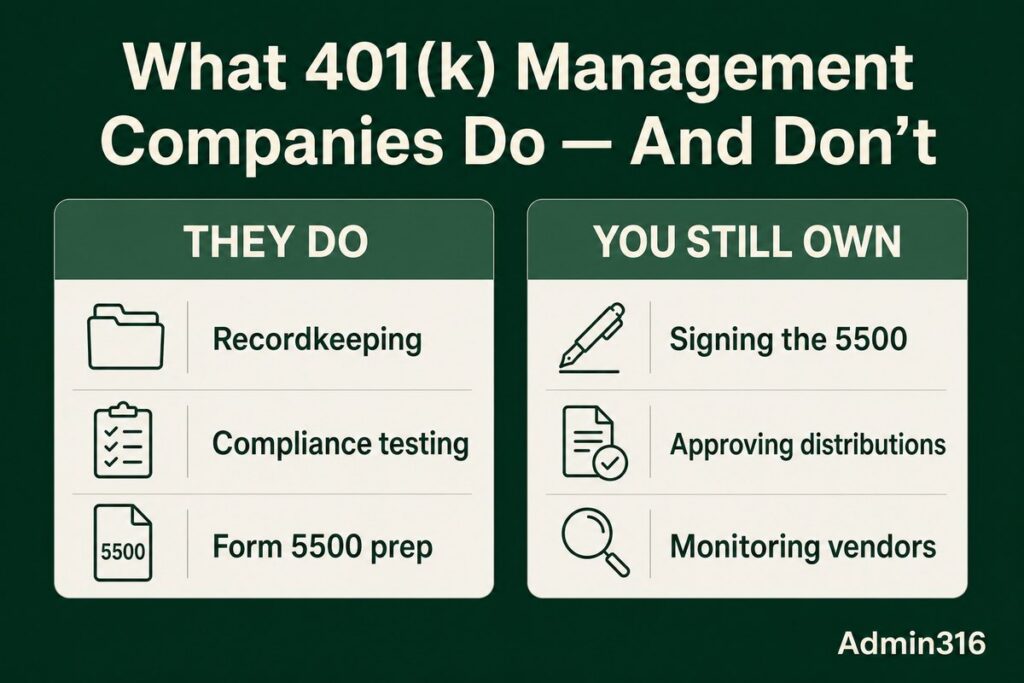 Comparison graphic: what 401(k) management companies do versus the fiduciary duties employers still own