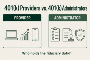 Side-by-side comparison of 401(k) provider services versus 401(k) administrator fiduciary duties
