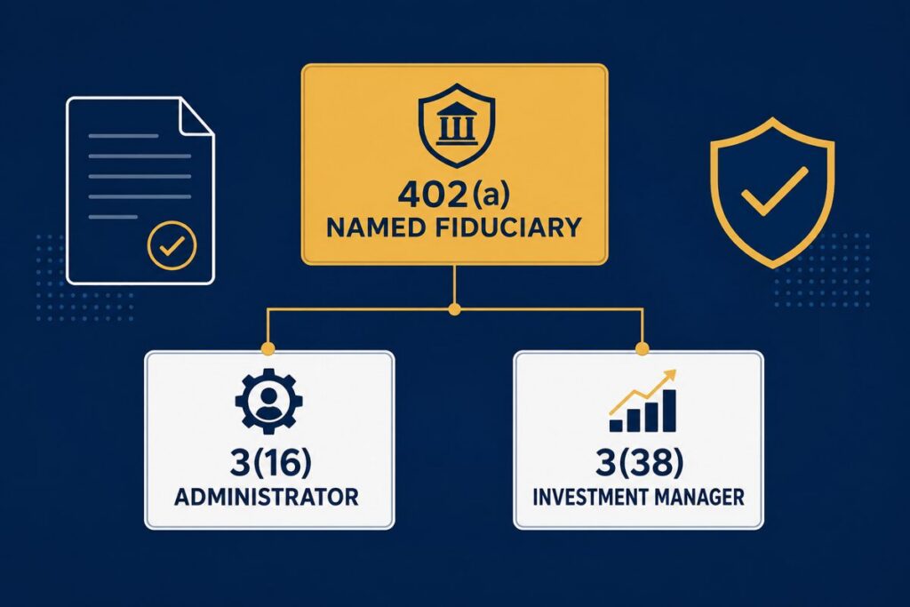 Diagram showing the ERISA 402(a) named fiduciary above the 3(16) plan administrator and 3(38) investment manager