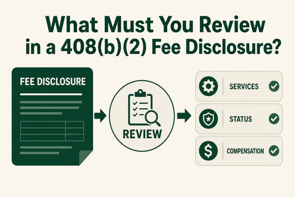Diagram of a 408(b)(2) fee disclosure review: services, fiduciary status and compensation