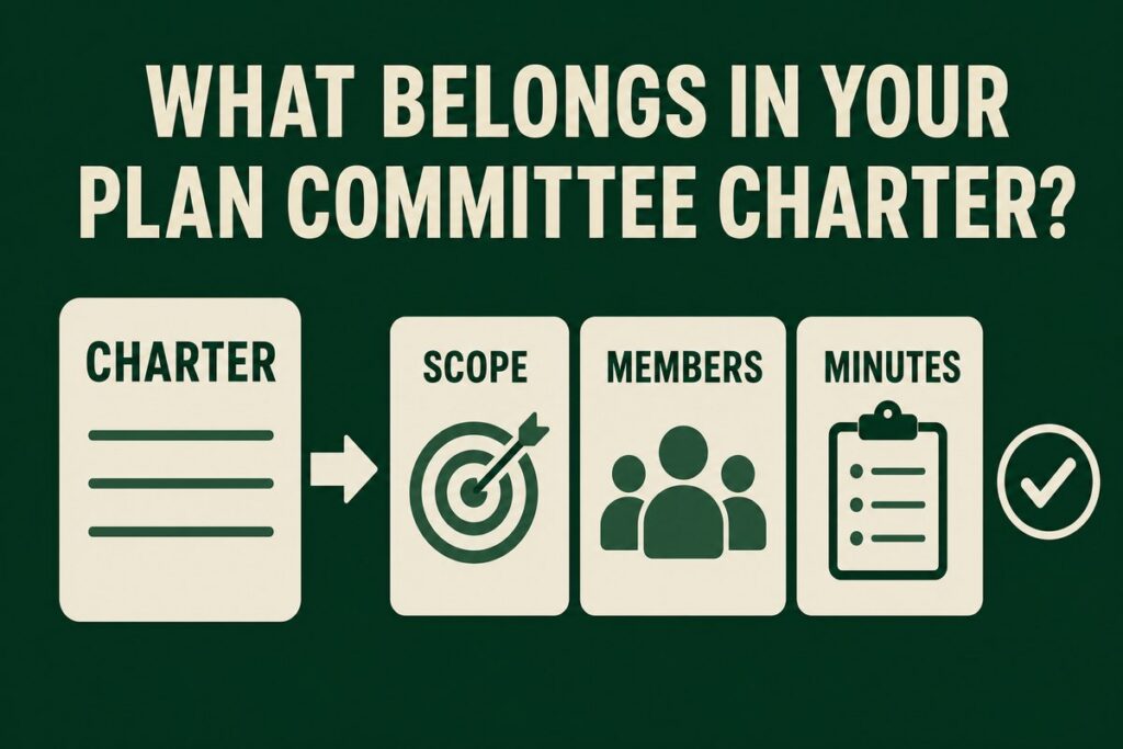Employee benefit plan committee charter infographic: charter document leading to scope, members and minutes