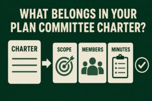 Employee benefit plan committee charter infographic: charter document leading to scope, members and minutes