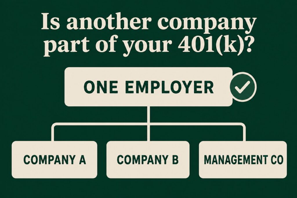 Diagram showing Company A, Company B and a management company grouped as one employer for 401(k) purposes