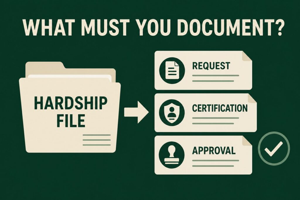 What must you document: hardship file with request, certification and approval records