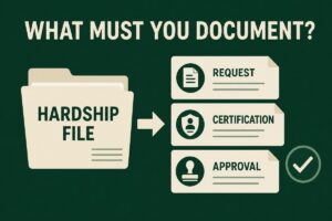 What must you document: hardship file with request, certification and approval records