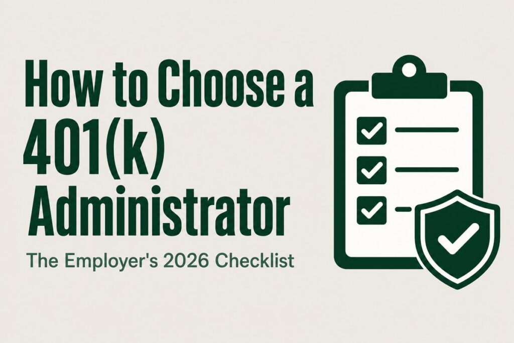 Checklist and shield graphic titled How to Choose a 401(k) Administrator: The Employer's 2026 Checklist