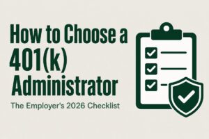 Checklist and shield graphic titled How to Choose a 401(k) Administrator: The Employer's 2026 Checklist