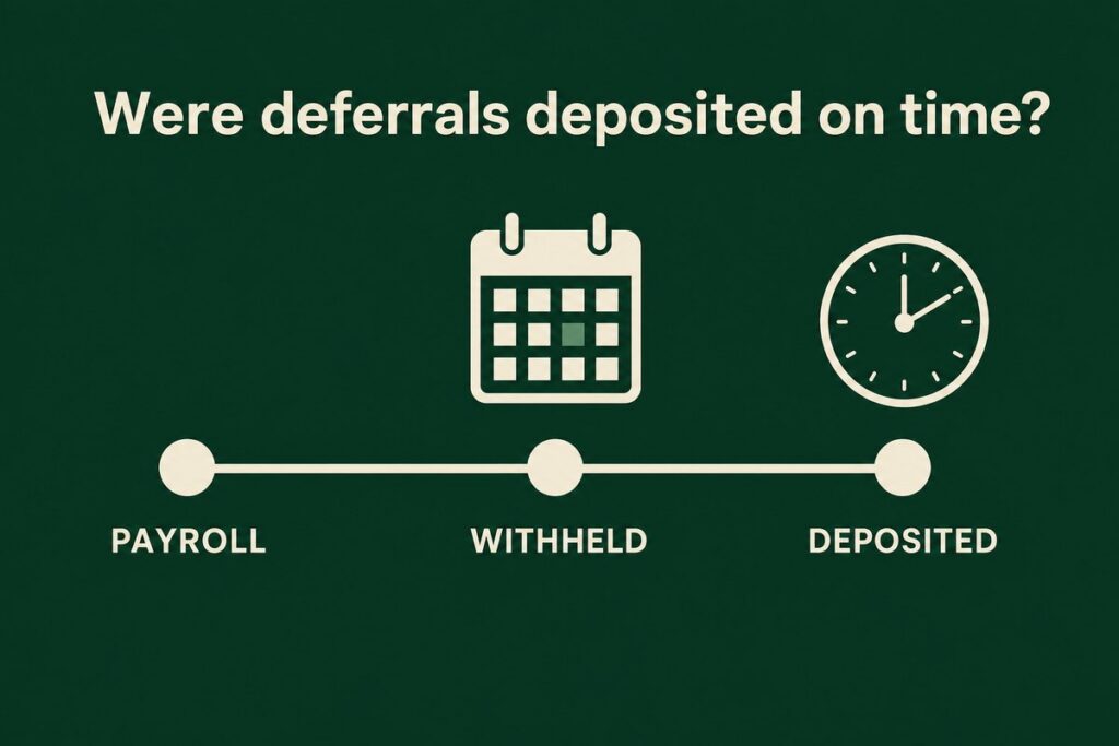Timeline showing payroll, withheld deferrals and deposit dates with the question: were deferrals deposited on time?