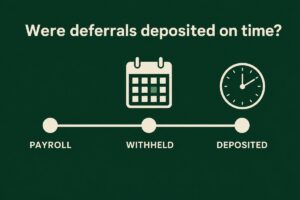 Timeline showing payroll, withheld deferrals and deposit dates with the question: were deferrals deposited on time?