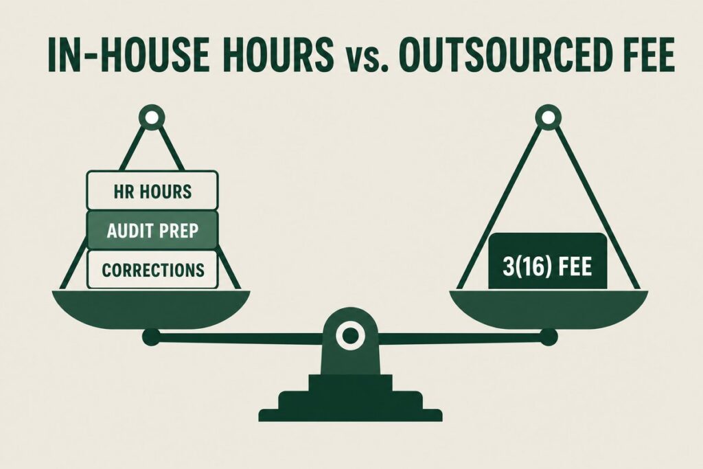 Balance scale comparing in-house HR hours, audit prep and corrections against a single outsourced 3(16) administration fee
