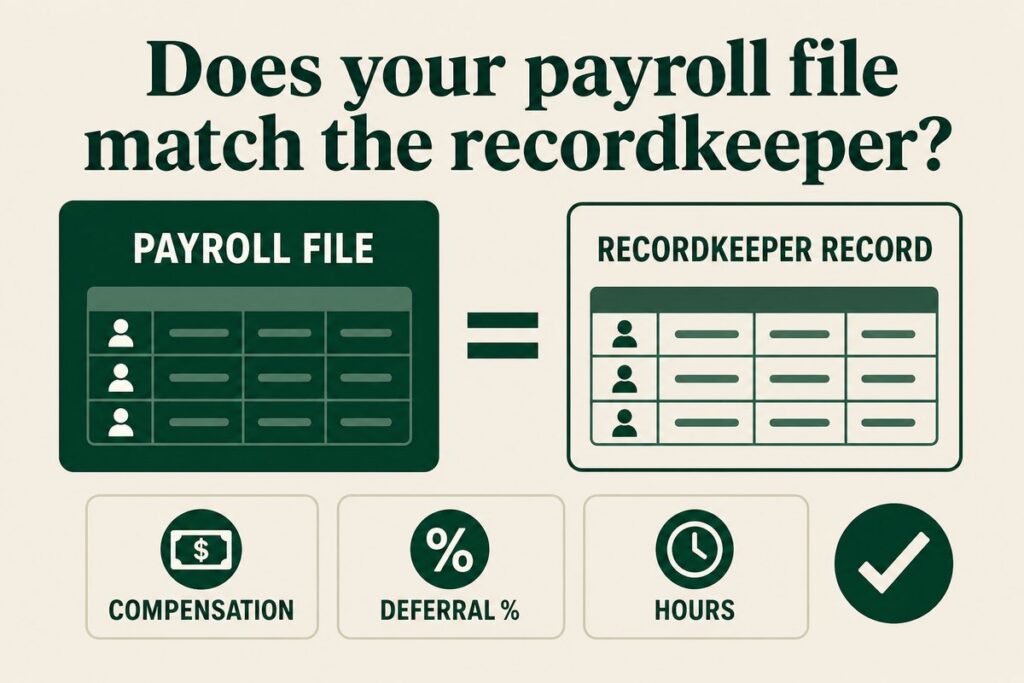 Payroll file compared to recordkeeper record for participant data reconciliation