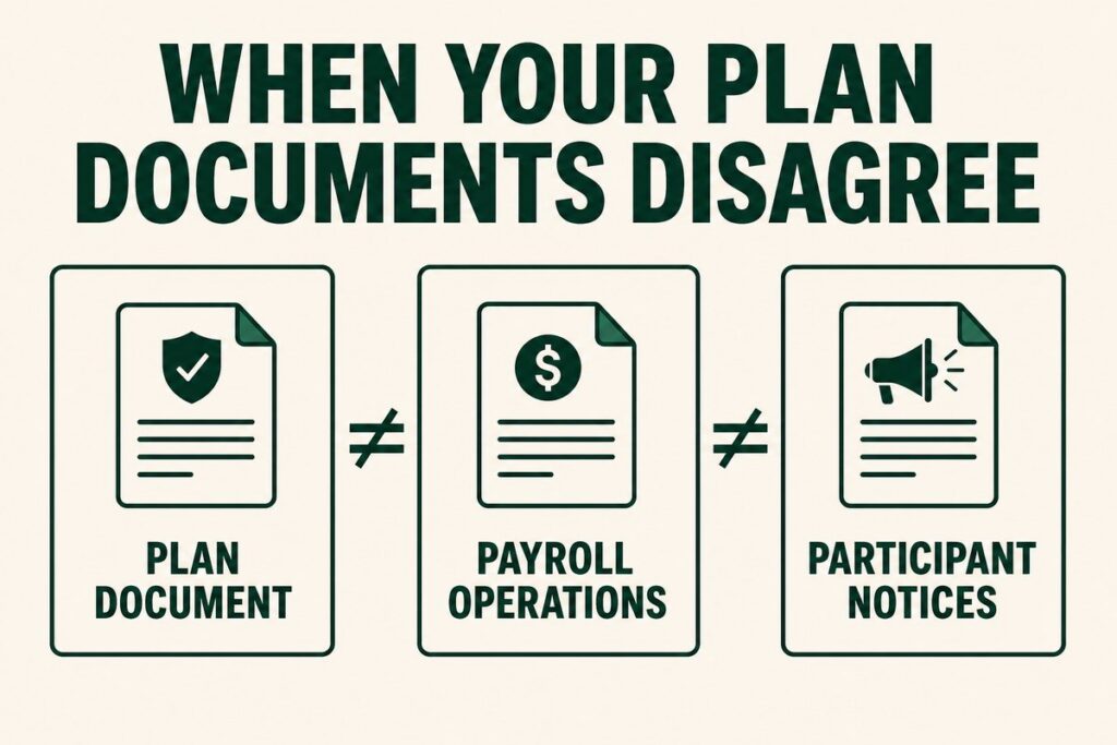 Plan document, payroll operations and participant notices shown as three mismatched documents
