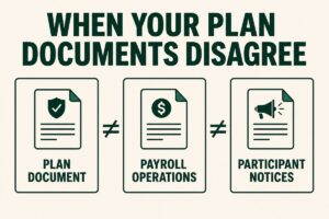 Plan document, payroll operations and participant notices shown as three mismatched documents