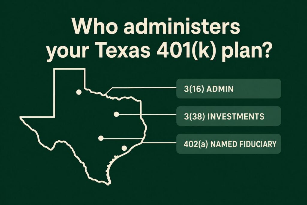 Outline map of Texas linked to 3(16) administration, 3(38) investment and 402(a) named fiduciary roles
