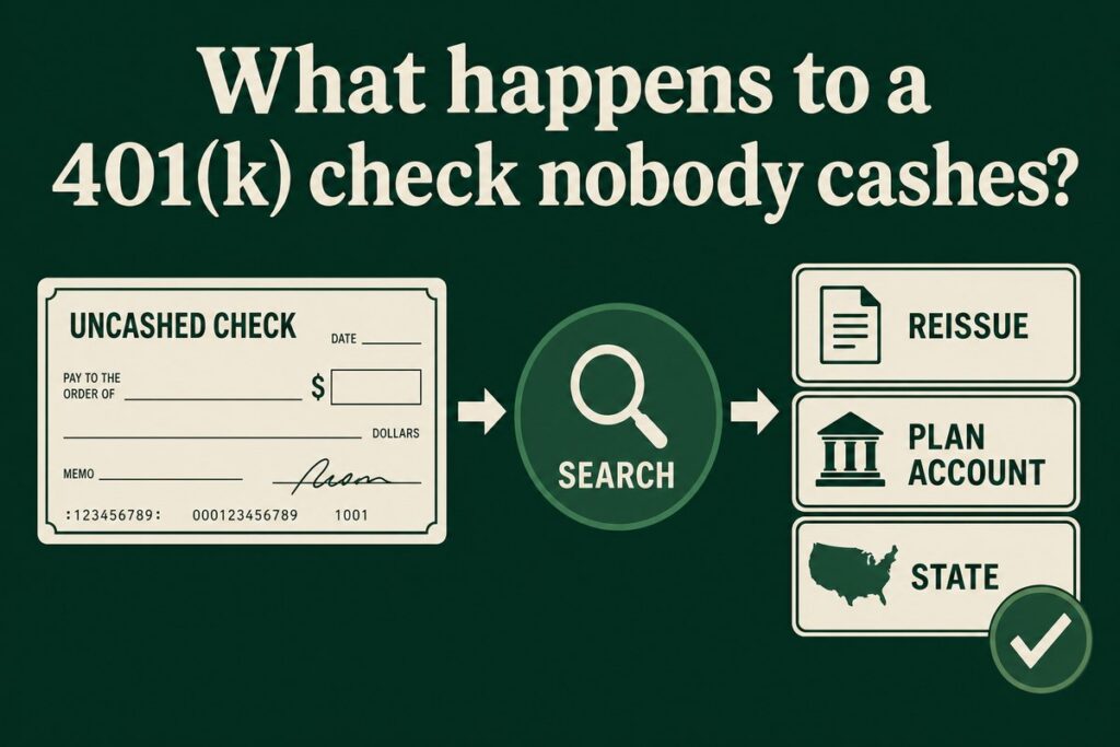 Diagram of how a plan sponsor handles an uncashed 401(k) distribution check: search, reissue, plan account or state