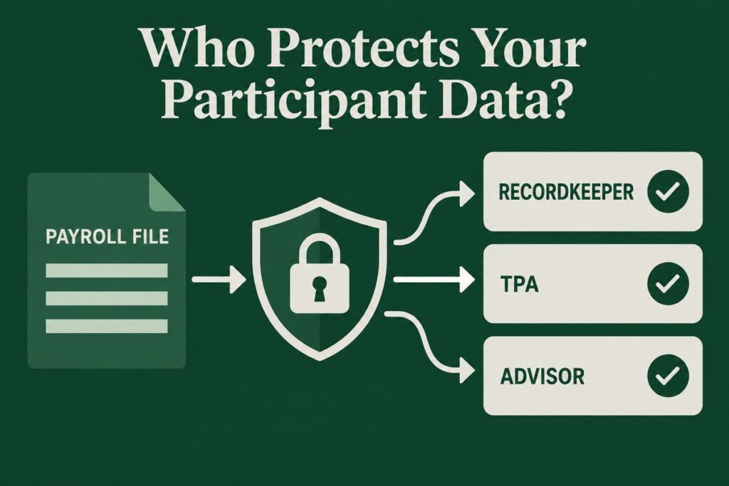 Payroll file flowing through a security shield to recordkeeper, TPA and advisor - 401(k) cybersecurity and participant data