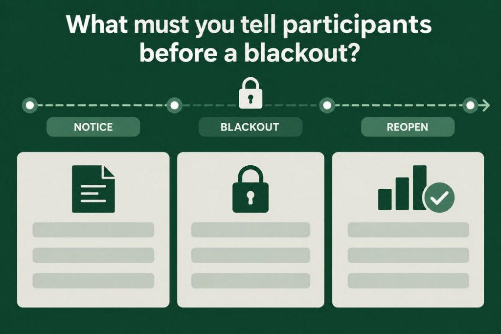 Timeline showing notice, blackout and reopen phases of a 401(k) recordkeeper conversion