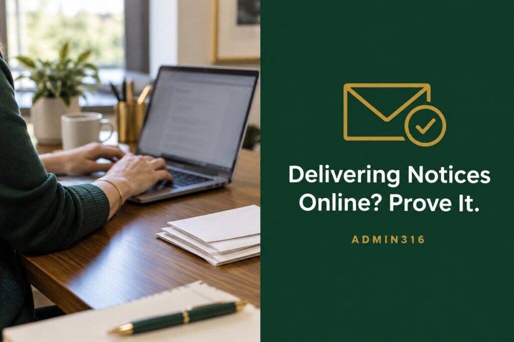 Plan sponsor reviewing electronic 401(k) notice delivery at a laptop, with an Admin316 headline panel about delivering notices online