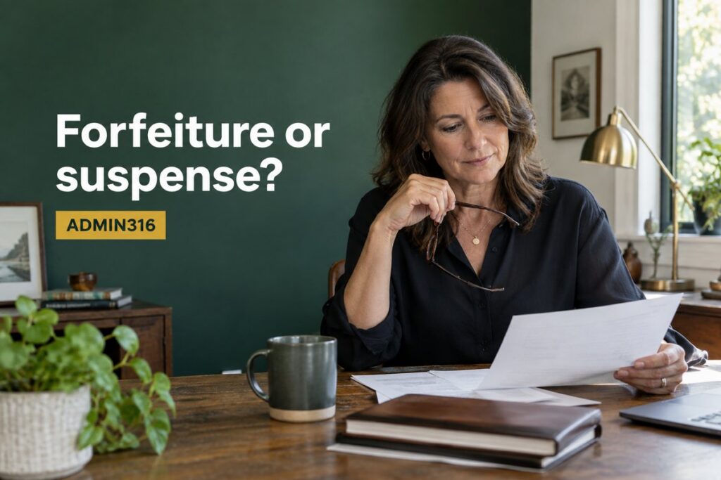Business owner at her desk reviewing a retirement plan statement, headline Forfeiture or suspense?