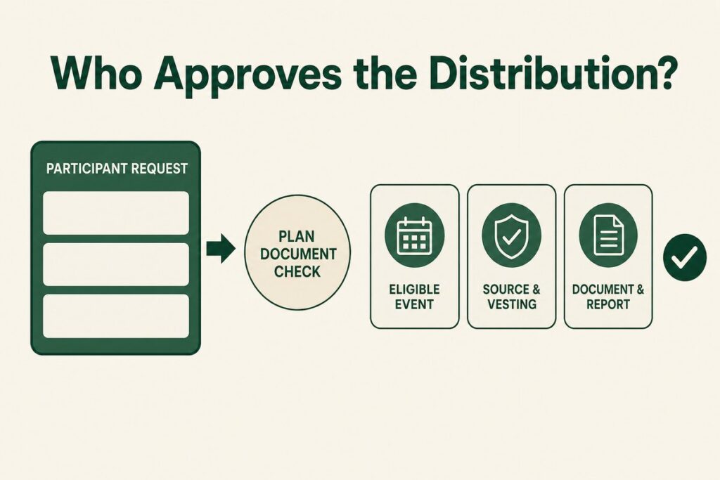Flowchart: participant request, plan document check, eligible event, source and vesting, document and report