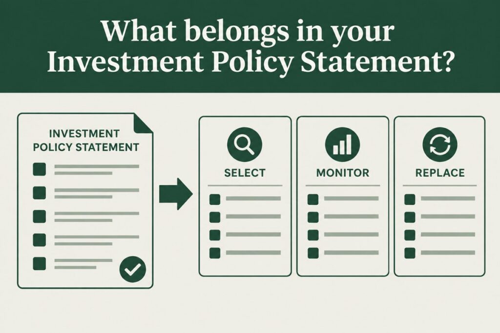 Investment policy statement document with select, monitor and replace steps for a 401(k) plan