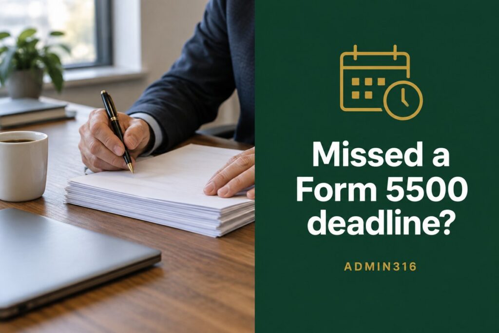 Plan sponsor reviewing a late Form 5500 filing at a desk beside an Admin316 green panel reading Missed a Form 5500 deadline?