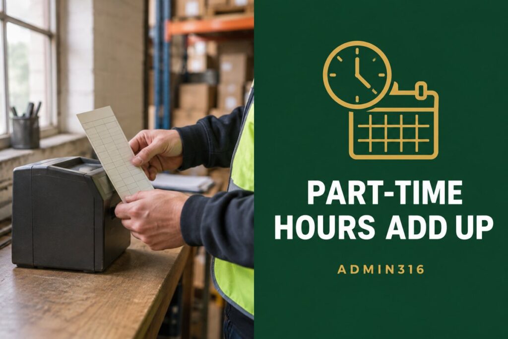 Hourly employee's timecard beside a time clock with the headline Part-Time Hours Add Up, illustrating 401(k) long-term part-time employee tracking