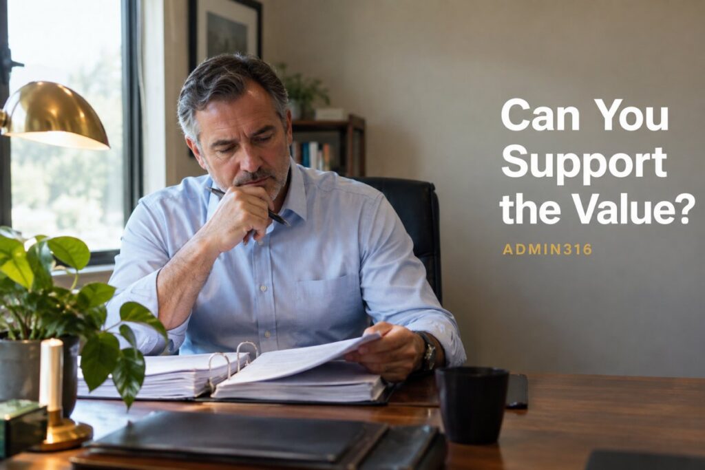 Plan sponsor reviewing investment valuation documents at an office desk with the headline Can You Support the Value?
