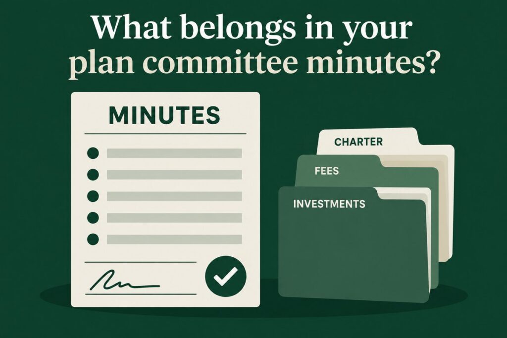 Plan committee meeting minutes document with signature and checkmark beside charter, fees and investments folders