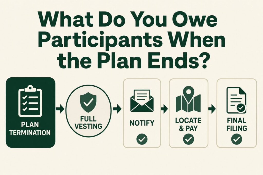 Plan termination steps: full vesting, notify, locate and pay, final filing