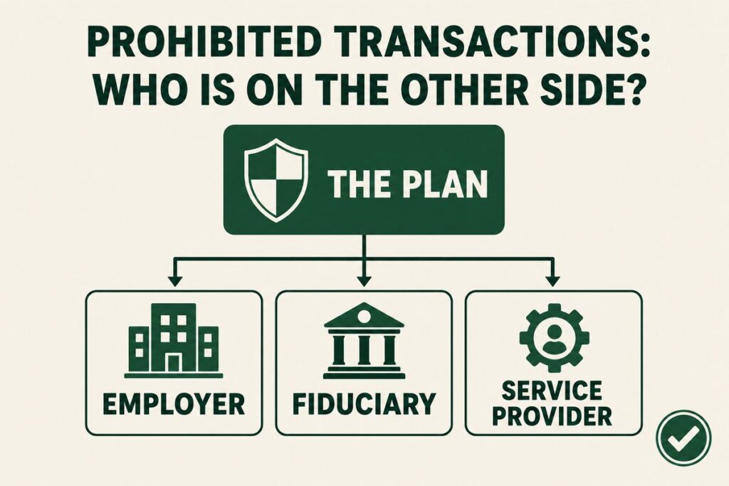 Diagram: the 401(k) plan and its related parties - employer, fiduciary, service provider