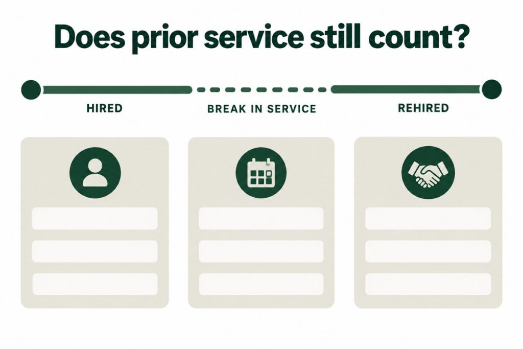 Timeline showing hired, break in service and rehired stages for a 401(k) participant
