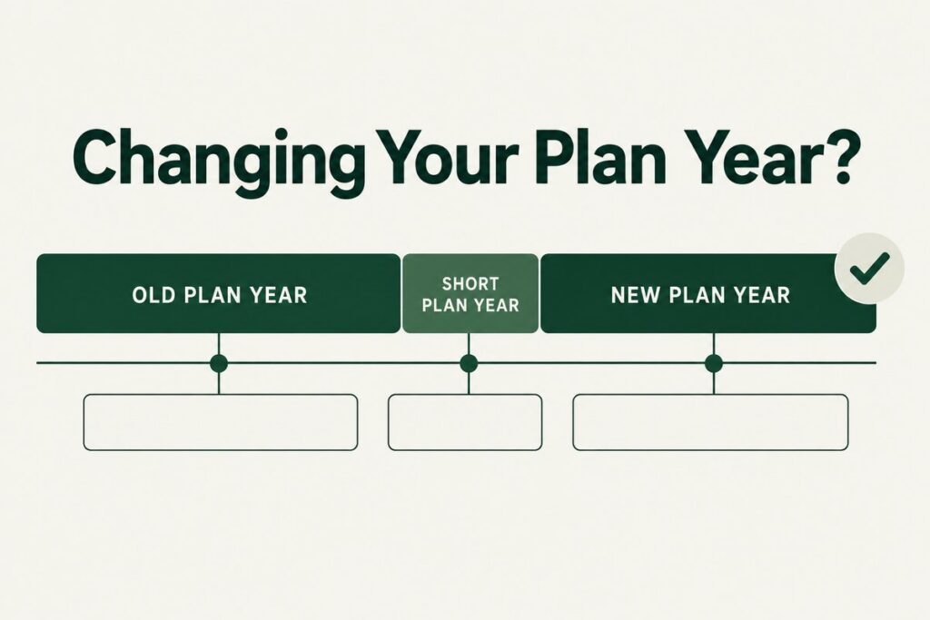 Timeline showing an old plan year, a short plan year and a new plan year