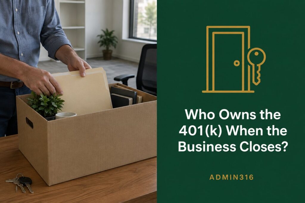 Business owner packing a folder into a moving box in an emptied office beside the headline Who Owns the 401(k) When the Business Closes?