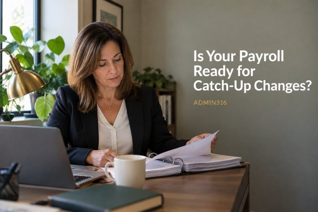 Plan sponsor reviewing payroll setup for 401(k) catch-up contributions in a sunlit office