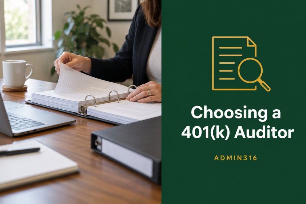 Plan sponsor reviewing audit binders at a desk beside a green panel reading Choosing a 401(k) Auditor
