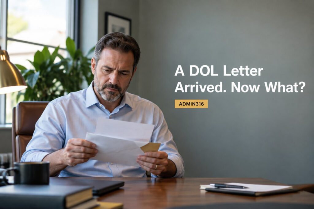 Plan sponsor reviewing a Department of Labor investigation letter at an office desk