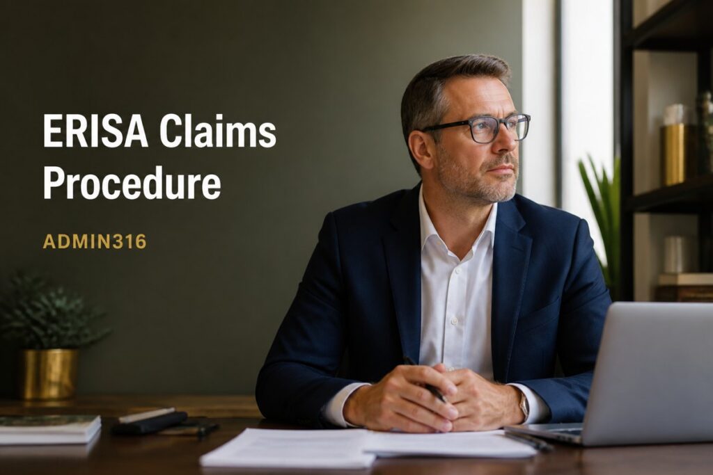 Plan sponsor reviewing a participant benefit claim file and plan document at a desk