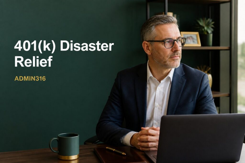 Employer and HR manager reviewing retirement plan paperwork in a Gulf Coast office after a hurricane