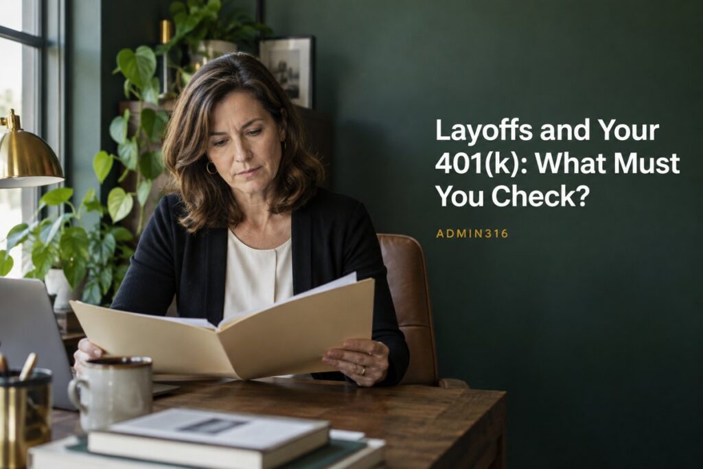 Plan sponsor reviewing layoff and 401(k) partial termination records at an office desk
