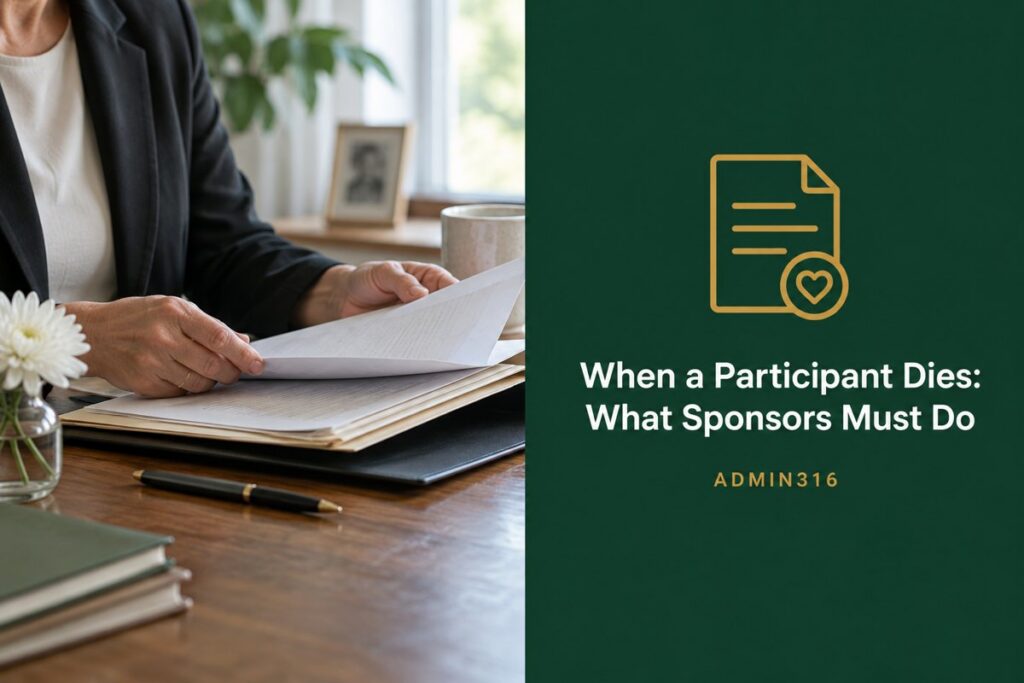 Plan sponsor reviewing a participant death claim folder with the headline When a Participant Dies: What Sponsors Must Do