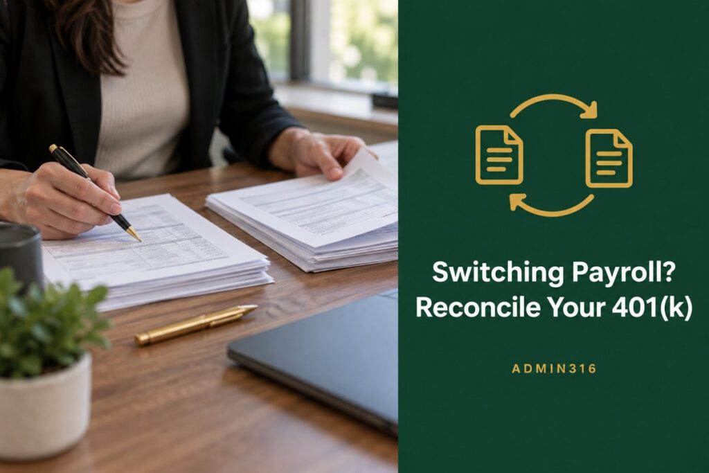 Plan sponsor's hands reviewing payroll and 401(k) records at a desk beside a green panel reading Switching Payroll? Reconcile Your 401(k)