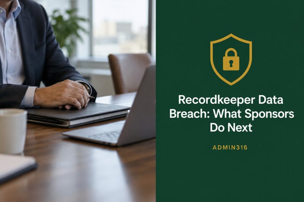 Plan sponsor and HR leader reviewing a recordkeeper data breach notice at a conference table