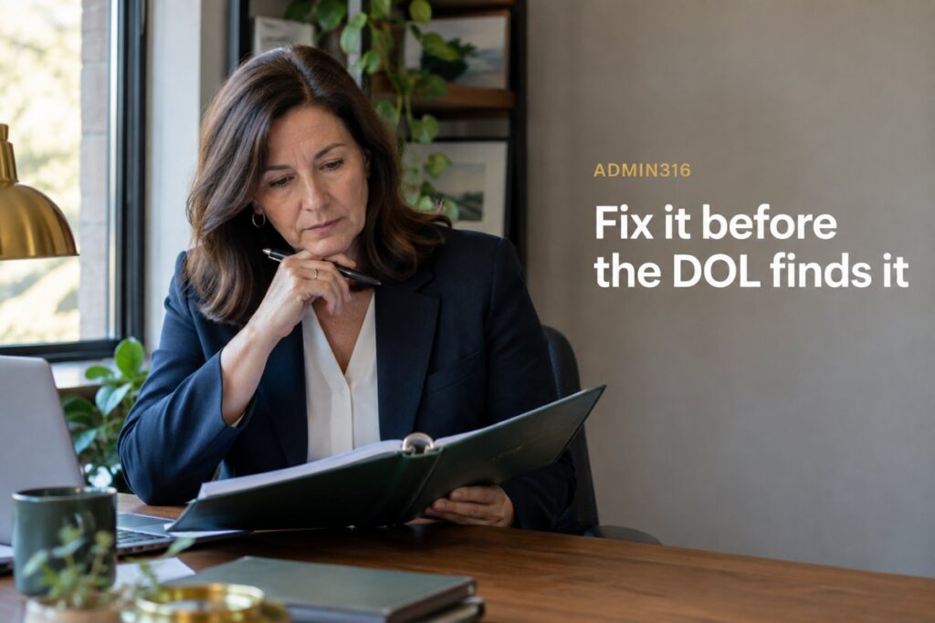 Plan sponsor reviewing a correction binder at an office desk with the headline Fix it before the DOL finds it