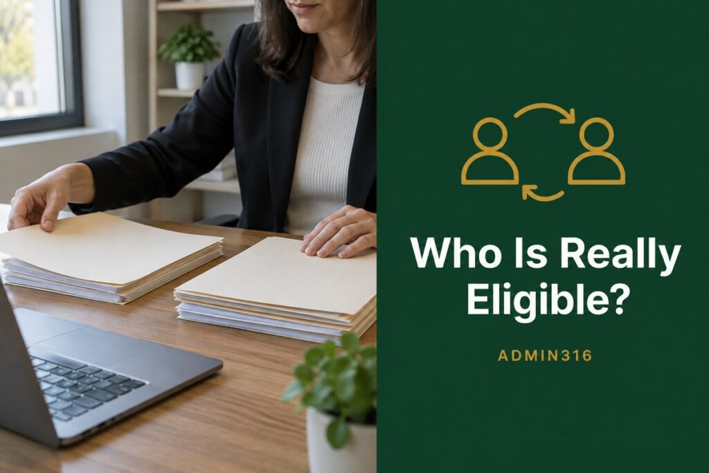 HR manager sorting worker files at a desk beside a green panel asking who is really eligible for the 401(k)